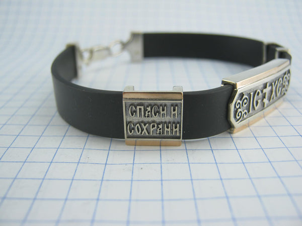 925 Sterling Silver and 375 Gold black caoutchouc bracelet with 3 Christian charms. Item number BT000037. Picture 2