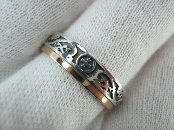 925 Sterling Silver and 375 gold band with prayer text inside the ring, decorated with Maltese cross and oxidized pattern. Item code RI001941. Picture 7