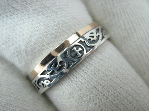 925 Sterling Silver and 375 gold band with prayer text inside the ring, decorated with Maltese cross and oxidized pattern. Item code RI001944. Picture 15