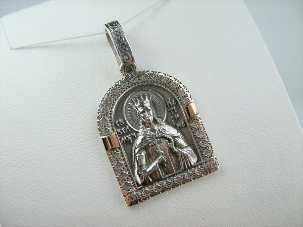 925 Sterling Silver and 375 Gold detailed medal depicting the icon of Saint Catherine with Cyrillic prayer scripture. Item code MD001751. Picture 5