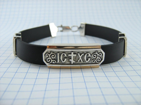925 Sterling Silver and 375 Gold black caoutchouc bracelet with 3 Christian charms. Item number BT000035. Picture 2
