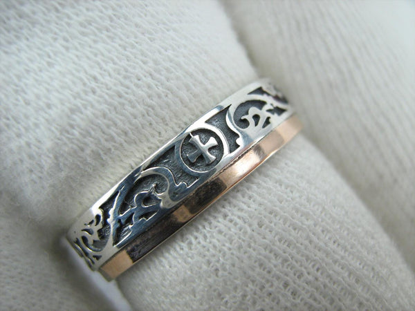 925 Sterling Silver and 375 gold band with prayer text inside the ring, decorated with Maltese cross and oxidized pattern. Item code RI001940. Picture 13