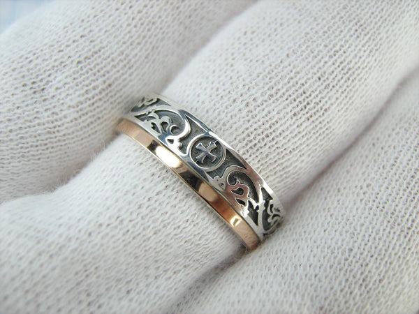 925 Sterling Silver and 375 gold band with prayer text inside the ring, decorated with Maltese cross and oxidized pattern. Item code RI001942. Picture 13