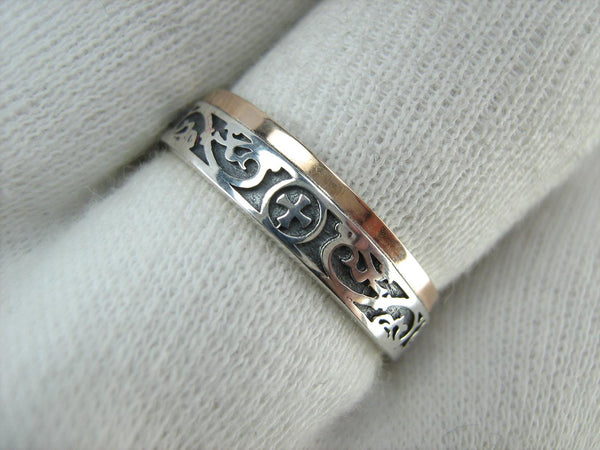 925 Sterling Silver and 375 gold band with prayer text inside the ring, decorated with Maltese cross and oxidized pattern. Item code RI001940. Picture 11