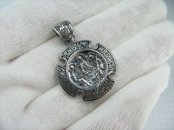 925 Sterling Silver icon pendant and cross medal with Christian prayer inscription depicting icons of Holy Trinity and Theotocos of the Sign. Item number MD001703. Picture 2