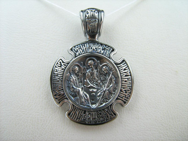 925 Sterling Silver icon pendant and cross medal with Christian prayer inscription depicting icons of Holy Trinity and Theotocos of the Sign. Item number MD001703. Picture 4