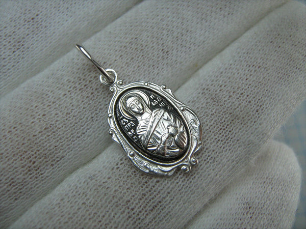 Solid 925 Sterling Silver small oval oxidized icon pendant and medal with prayer inscription to Saint Joanna Myrrhbearer decorated with filigree oval frame. Item number MD000697. Picture 2