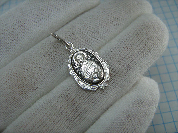 Solid 925 Sterling Silver small oval oxidized icon pendant and medal with prayer inscription to Saint Joanna Myrrhbearer decorated with filigree oval frame. Item number MD000698. Picture 