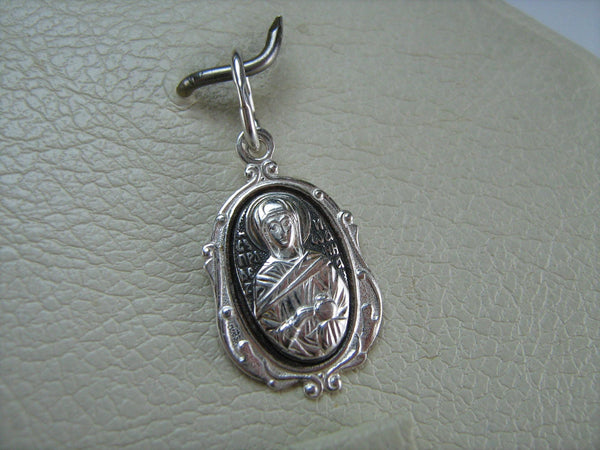 Solid 925 Sterling Silver small oval oxidized icon pendant and medal with prayer inscription to Saint Joanna Myrrhbearer decorated with filigree oval frame. Item number MD000697. Picture 5