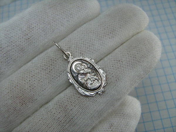 New solid 925 Sterling Silver detailed and oxidized pendant and medal in filigree frame depicting the icon of Mother Mary Tenderness, also called Eleousa, and Jesus Christ. Item number MD000712. Picture 2