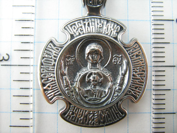 925 Sterling Silver icon pendant and cross medal with Christian prayer inscription depicting icons of Holy Trinity and Theotocos of the Sign. Item number MD001703. Picture 11