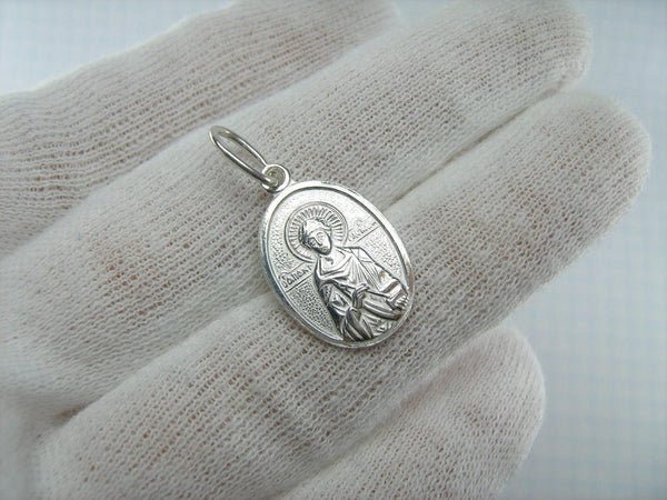 New solid 925 Sterling Silver small little icon pendant and religious medal with Christian prayer text to Saint Panteleimon the Healer and patron of Doctors. Picture 2