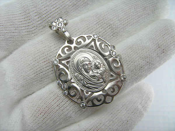 925 Sterling Silver pendant and medal of Kazan icon of Mother of God and Jesus Christ in the openwork frame decorated with stones. Item code MD001527. Picture 2