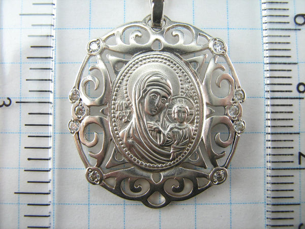 925 Sterling Silver pendant and medal of Kazan icon of Mother of God and Jesus Christ in the openwork frame decorated with stones. Item code MD001527. Picture 8