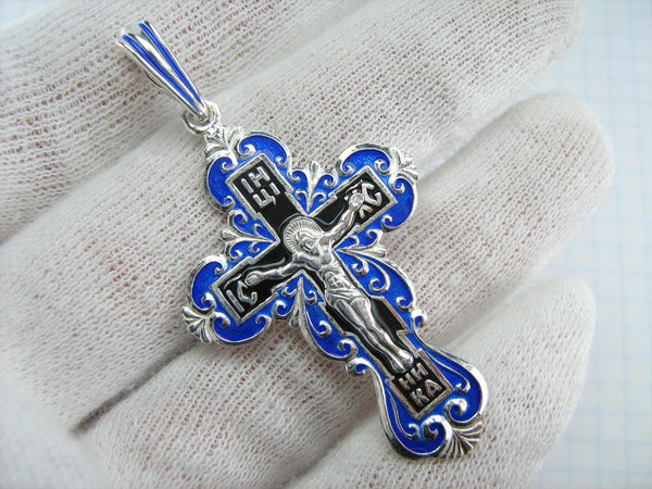 New solid 925 Sterling Silver trefoil cross pendant with blue and black inlay and Christian prayer inscription. Item code CR001068. Picture 2