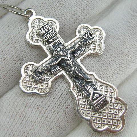 925 Sterling Silver cross pendant and Jesus Christ crucifix with Christian prayer inscription decorated with pattern. Item number CR001161. Picture 1