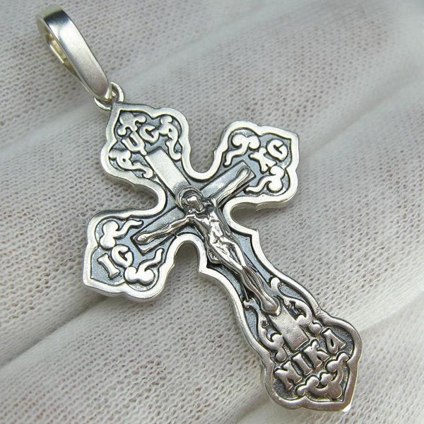 925 Sterling Silver Christian cross pendant and crucifix with Russian prayer inscription decorated with filigree and wood pattern on the oxidized background. Item number CR002049. Picture 1