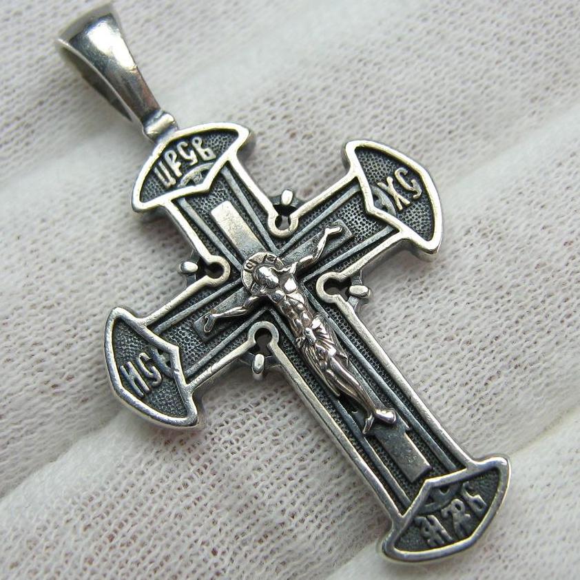 925 Sterling Silver Christian cross pendant and crucifix with prayer inscription decorated with filigree and on the oxidized background. Item number CR000648. Picture 1