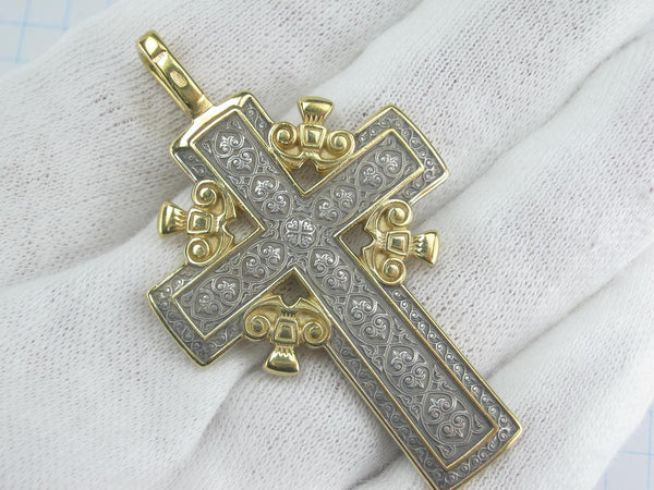 Solid 925 Sterling Silver and Gold Plated heavy Golgotha cross pendant of steering wheel design with Christian prayer scripture. Picture 2