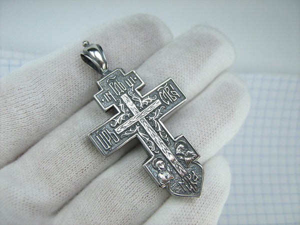 Vintage solid 925 Sterling Silver cross locket (encolpion) pendant depicting cross, Mother of God Mary and Saint John the Baptist with Christian prayer scripture. Item number CR001188. Picture 2