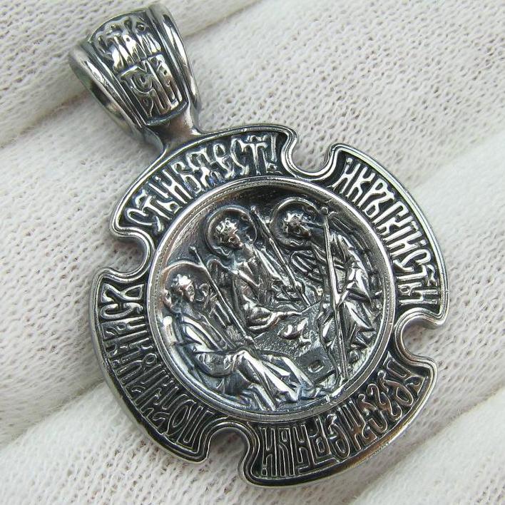 925 Sterling Silver icon pendant and cross medal with Christian prayer inscription depicting icons of Holy Trinity and Theotocos of the Sign. Item number MD001703. Picture 1