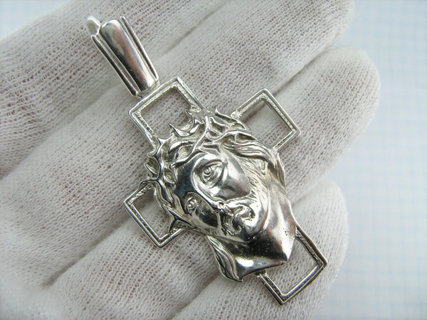 New solid 925 Sterling Silver statement Christian openwork cross pendant depicting Jesus Christ image, also called the Vernicle Face or the Head of Savior not made by human hands, in the crown of thorns. Items code CR001042. Picture 2