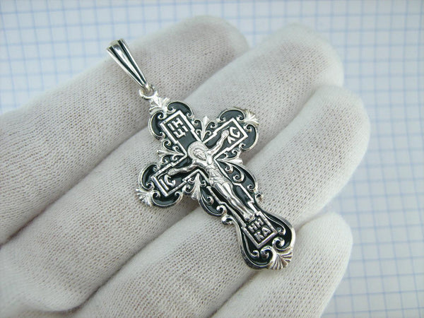 New solid 925 Sterling Silver trefoil cross pendant with dark green inlay and Christian prayer inscription. Item code CR001170. Picture 2