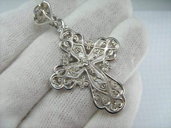 Solid 925 Sterling Silver detailed cross pendant and Jesus Christ crucifix with Christian blessing prayer filigree openwork pattern. Picture 2.