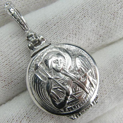 925 Sterling Silver locket, religious pendant and medal decorated with Saint Angel the Guardian icon and old believers cross. Item code MD001555. Picture 1