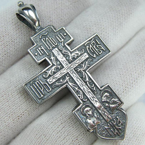 Vintage solid 925 Sterling Silver cross locket (encolpion) pendant depicting cross, Mother of God Mary and Saint John the Baptist with Christian prayer scripture. Item number CR001188. Picture 1