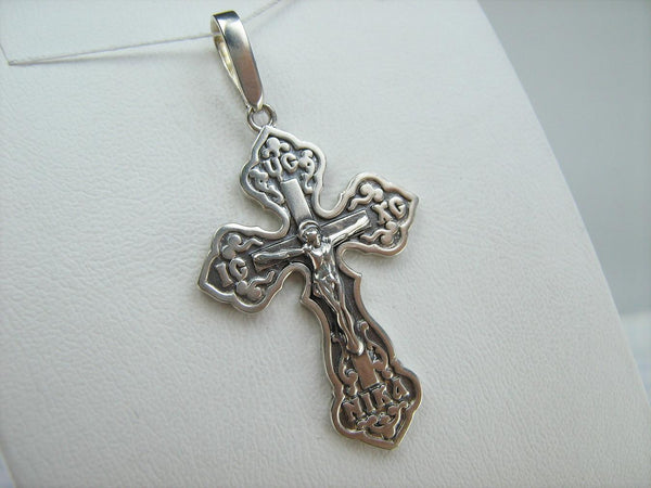 925 Sterling Silver Christian cross pendant and crucifix with Russian prayer inscription decorated with filigree and wood pattern on the oxidized background. Item number CR002049. Picture 5