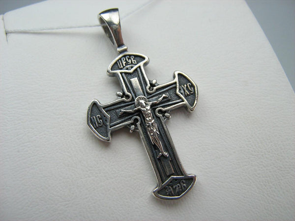 925 Sterling Silver Christian cross pendant and crucifix with prayer inscription decorated with filigree and on the oxidized background. Item number CR000648. Picture 12