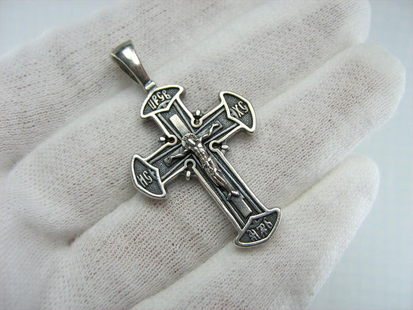 925 Sterling Silver Christian cross pendant and crucifix with prayer inscription decorated with filigree and on the oxidized background. Item number CR000648. Picture 2