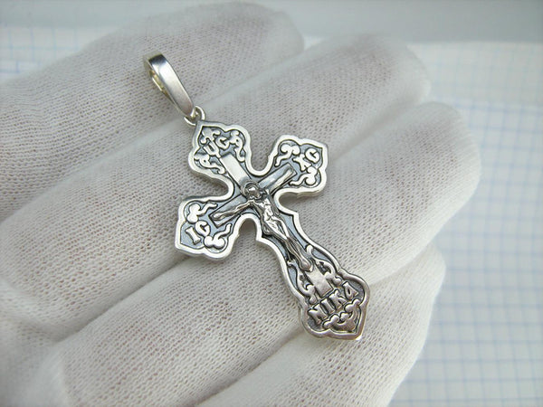 925 Sterling Silver Christian cross pendant and crucifix with Russian prayer inscription decorated with filigree and wood pattern on the oxidized background. Item number CR002049. Picture 2