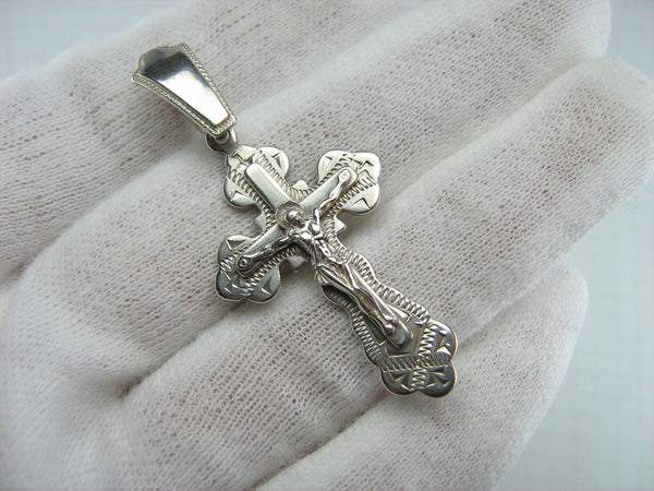 925 Sterling Silver cross pendant with crucifix and Christian prayer inscription to God decorated with laser engraving. Item code CR000690. Picture 2