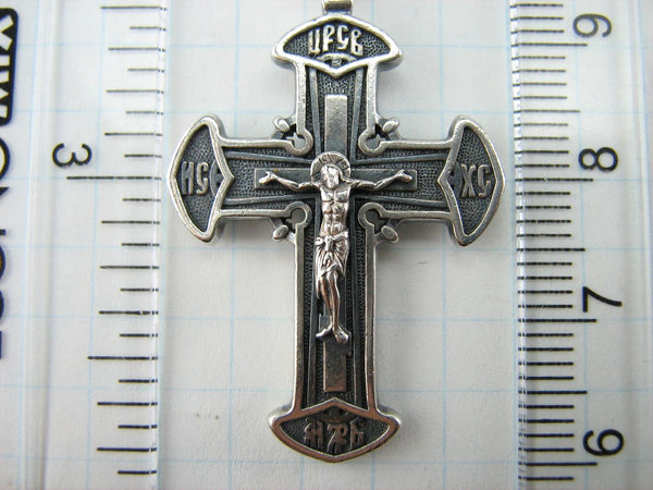 925 Sterling Silver Christian cross pendant and crucifix with prayer inscription decorated with filigree and on the oxidized background. Item number CR000648. Picture 6