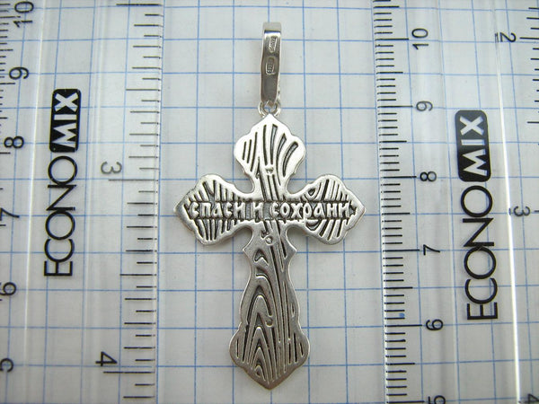 925 Sterling Silver Christian cross pendant and crucifix with Russian prayer inscription decorated with filigree and wood pattern on the oxidized background. Item number CR002049. Picture 9