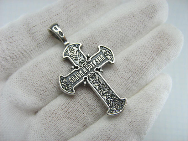 925 Sterling Silver Christian cross pendant and crucifix with prayer inscription decorated with filigree and on the oxidized background. Item number CR000648. Picture 3