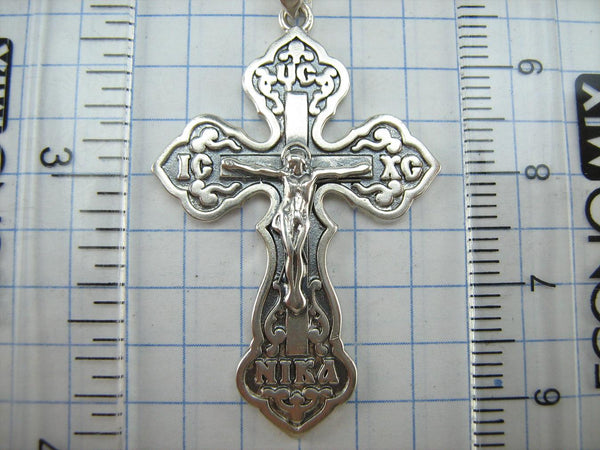 925 Sterling Silver Christian cross pendant and crucifix with Russian prayer inscription decorated with filigree and wood pattern on the oxidized background. Item number CR002049. Picture 8