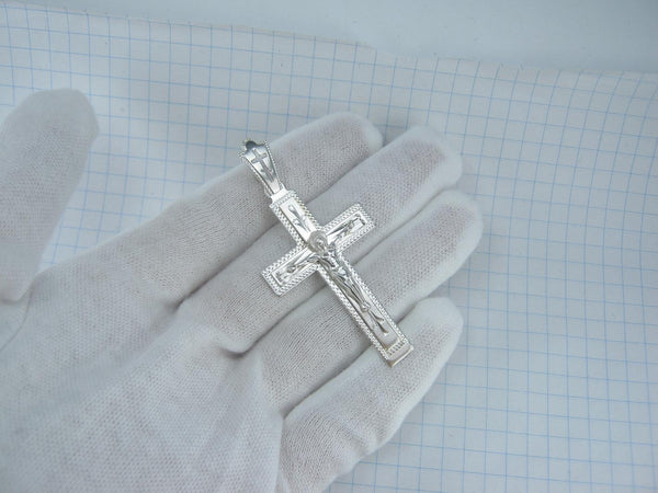 925 Sterling Silver cross pendant with crucifix and Christian prayer inscription to God decorated with manual engraving. Picture 2