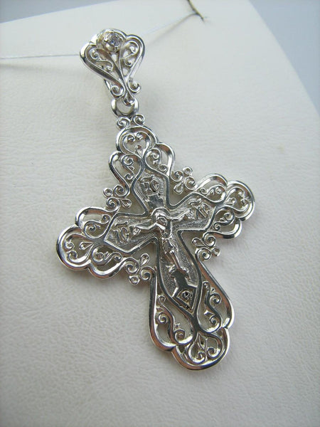 Solid 925 Sterling Silver detailed cross pendant and Jesus Christ crucifix with Christian blessing prayer filigree openwork pattern. Picture 5.