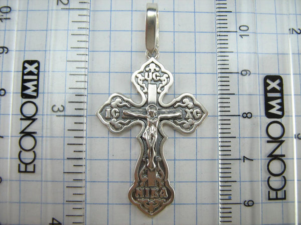 925 Sterling Silver Christian cross pendant and crucifix with Russian prayer inscription decorated with filigree and wood pattern on the oxidized background. Item number CR002049. Picture 6