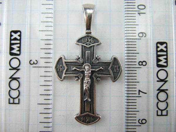 925 Sterling Silver Christian cross pendant and crucifix with prayer inscription decorated with filigree and on the oxidized background. Item number CR000648. Picture 4