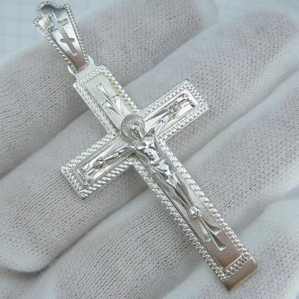925 Sterling Silver cross pendant with crucifix and Christian prayer inscription to God decorated with manual engraving. Picture 1