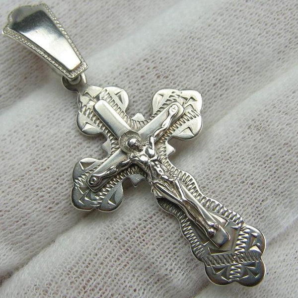925 Sterling Silver cross pendant with crucifix and Christian prayer inscription to God decorated with laser engraving. Item code CR000690. Picture 1