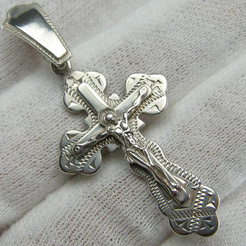 925 Sterling Silver cross pendant with crucifix and Christian prayer inscription to God decorated with laser engraving. Item code CR000690. Picture 1