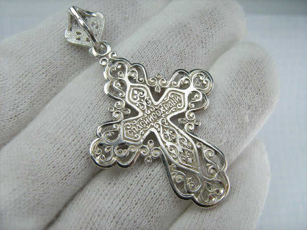 Solid 925 Sterling Silver detailed cross pendant and Jesus Christ crucifix with Christian blessing prayer filigree openwork pattern. Picture 3.