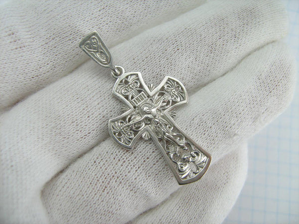 New and never worn solid 925 Sterling Silver detailed cross pendant and Jesus Christ crucifix with Christian prayer inscription to God decorated with plant, floral, filigree and openwork pattern.