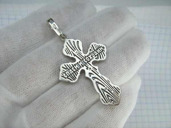 925 Sterling Silver Christian cross pendant and crucifix with Russian prayer inscription decorated with filigree and wood pattern on the oxidized background. Item number CR002049. Picture 3