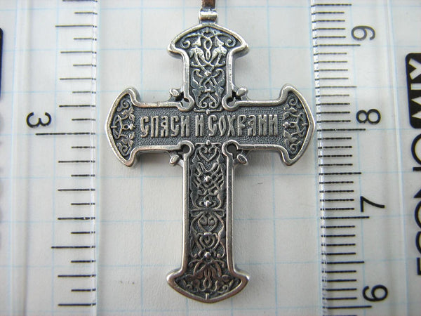 925 Sterling Silver Christian cross pendant and crucifix with prayer inscription decorated with filigree and on the oxidized background. Item number CR000648. Picture 9